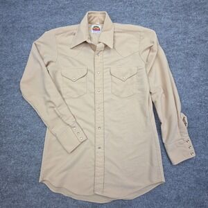 Vintage Miller Shirt Mens Small 15-34 Beige Micro-Corduroy Pearl Snap USA